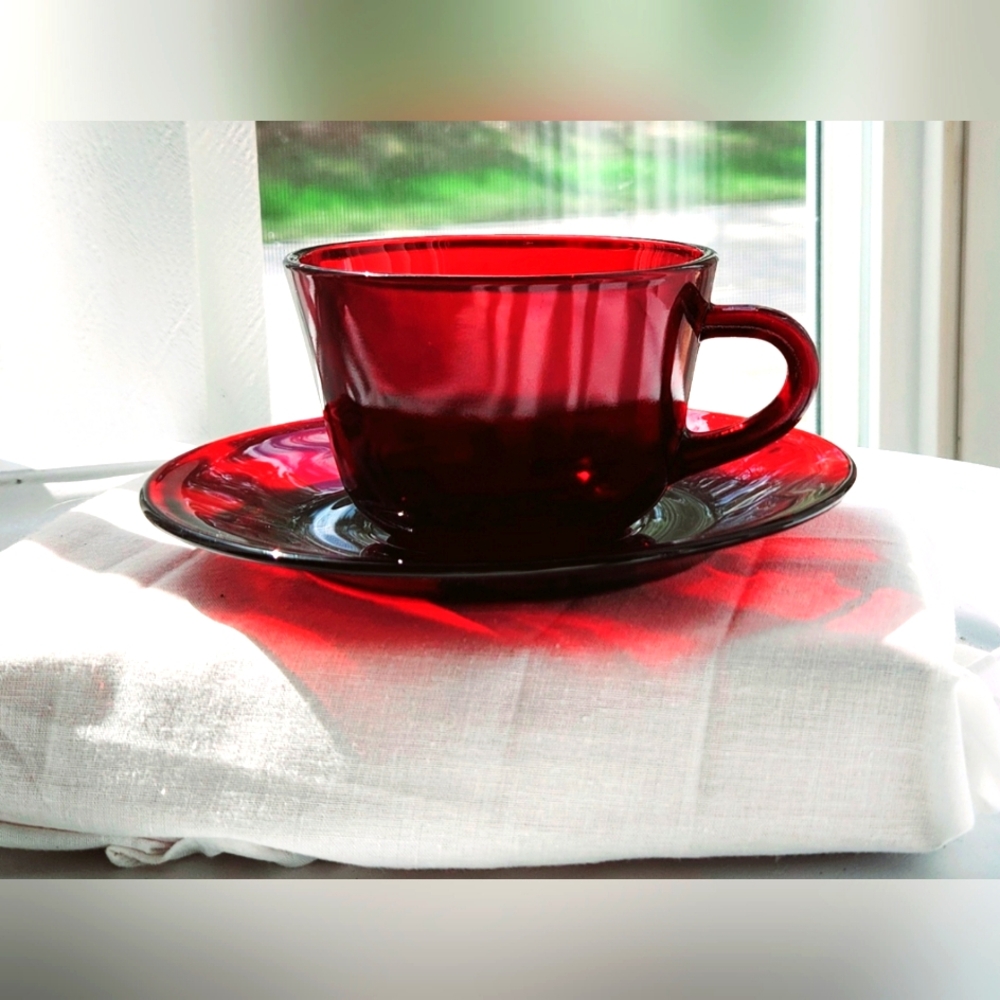 Deep Ruby Red glass cup & saucer Vintage set.